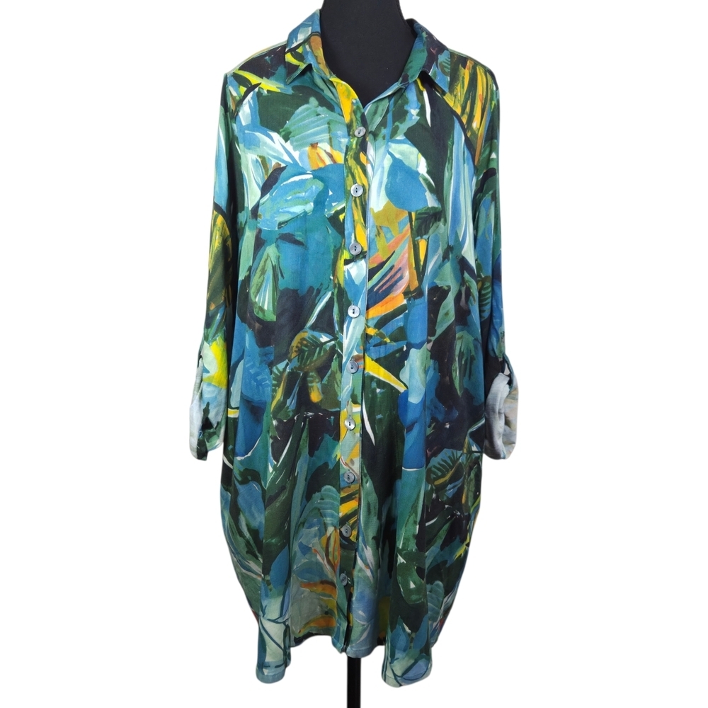 Blue Sky Bamboo Blend Tropical Pattern Shirt With Roll Tab Sleeves Size XL